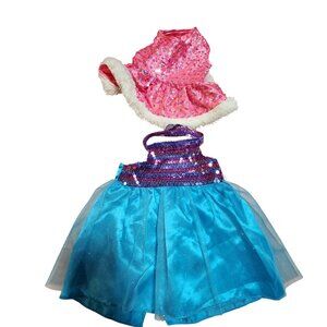 Build a Bear Sparkly Blue & Pink Doll Dress Set With Tulle Skirt & Faux Fur Trim